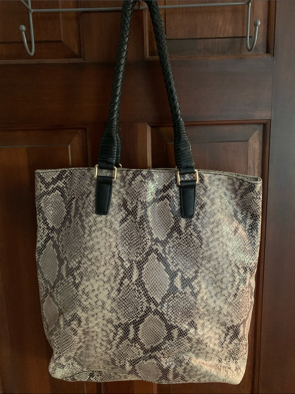 margot Snakeskin-Pattern Tote with Black Braided Handles